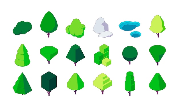 Isometric trees and bushes asset Botanical shrubs and plants with foliage nature constructor kit polygonal shape for game design Vector set