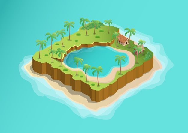 isometric tropical island with beautiful lake