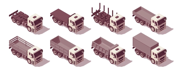 Isometric truck set. Set of different body types trucks. Vector illustration. Collection