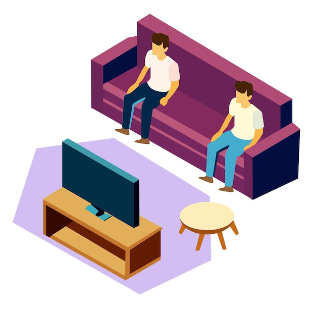 Isometric two people watching TV