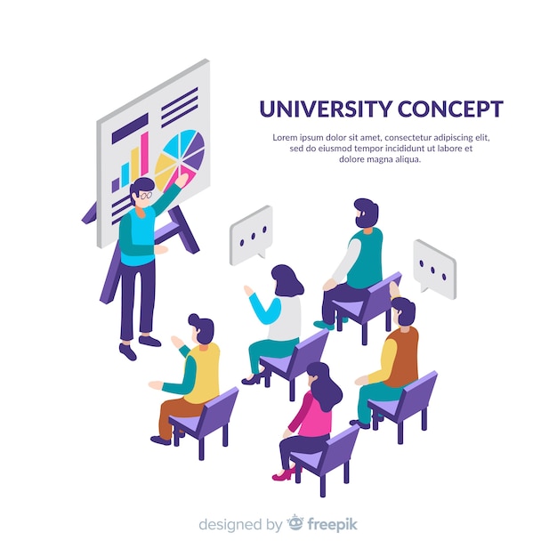 Isometric university background with students