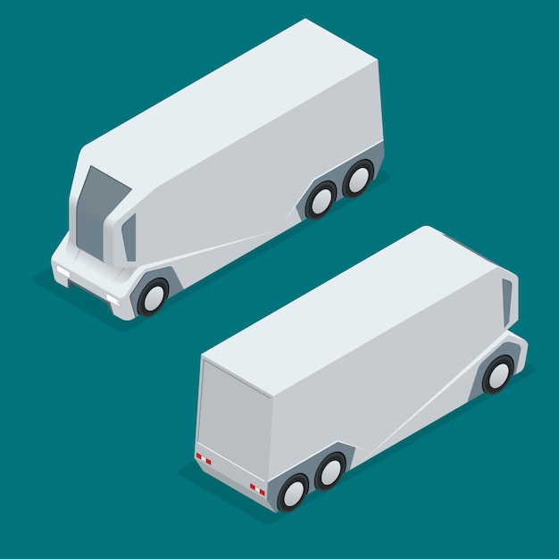 Isometric an unmanned truck on the remote control. Automatic delivery system concept. Self-driving van isolated for web projects, business presentations, infographics and game.