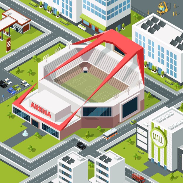 Isometric urban landscape with modern building of stadium