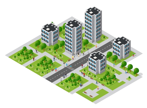 Isometric urban megalopolis top view of the city infrastructure town, street modern, real structure, architecture elements different buildings