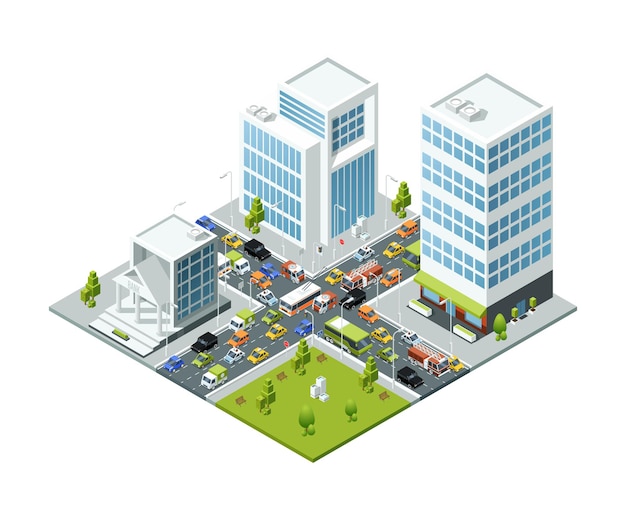 Isometric urban transport active movement in jammed city 3d buildings busses and cars