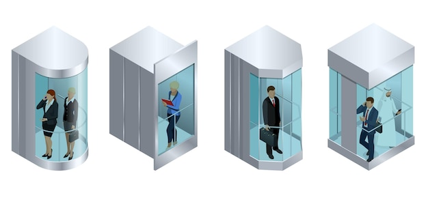 Vector isometric vector design of the elevator with people inside and button panel. realistic empty elevator hall interior with close metallic lift doors.