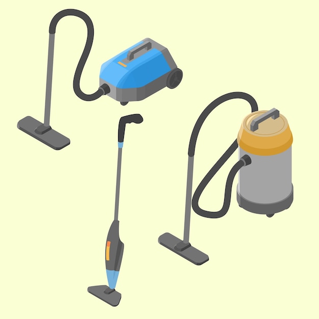 isometric vector illustration of 3 different types of vacuum cleaner