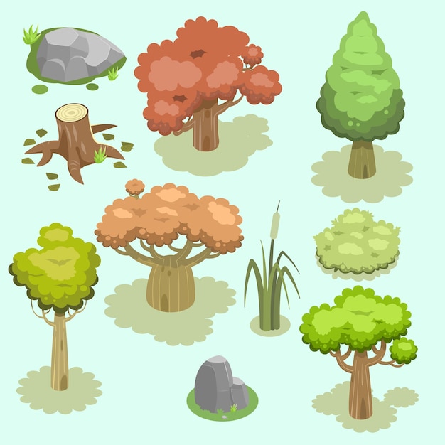 isometric vector illustration of trees and other nature object