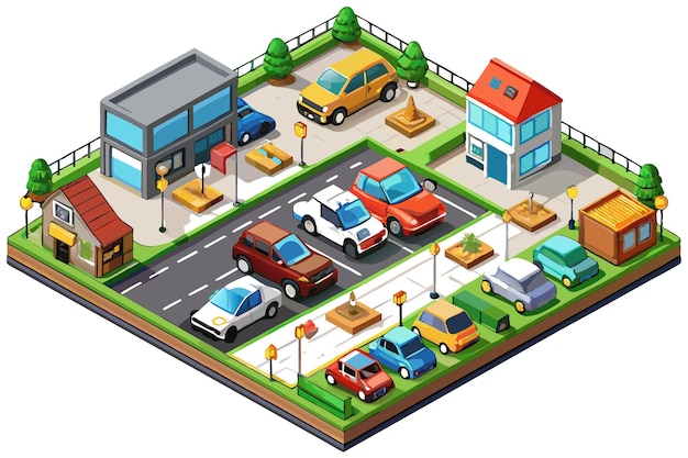 Vector isometric view of a city block with buildings cars and trees