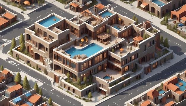 Vector an isometric view of a large luxurious mansion with a swimming pool gardens and multiple balconies the mansion is situated in a neighborhood of smaller houses