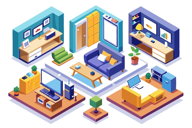 Vector isometric view of a modern home with multiple rooms including a living room bedroom kitchen and office