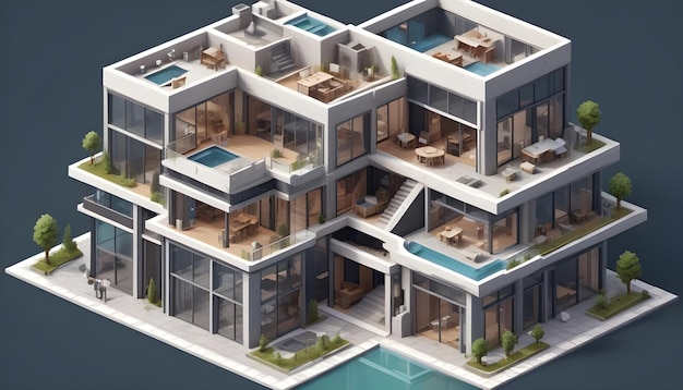 Vector isometric view of a modern multilevel house with a swimming pool balconies and various rooms the house is rendered in a cartoon style