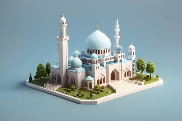 Vector isometric view of mosque with minaret and green park model 3d isometric render 3d illustration