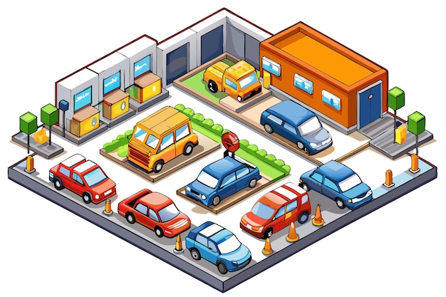 Vector isometric view of a parking lot with parked cars