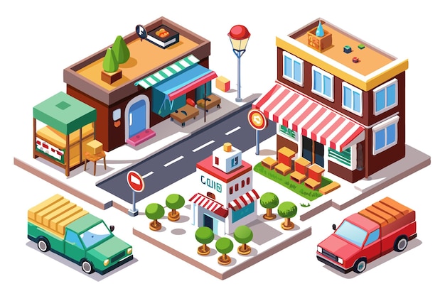 Isometric view of a small town street with shops cars and trees