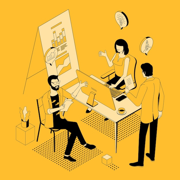 isometric view of team designing landing page