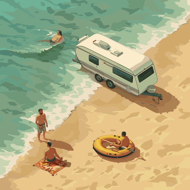 Vector isometric view of two men in life jackets and flippers unloading an inflatable boat from the trailer on beach