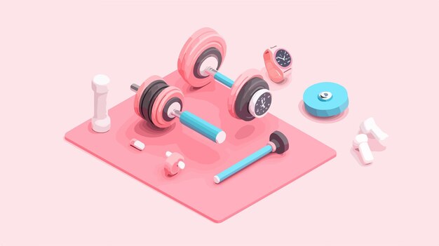 Vector isometric view of yoga mat and sport equipment