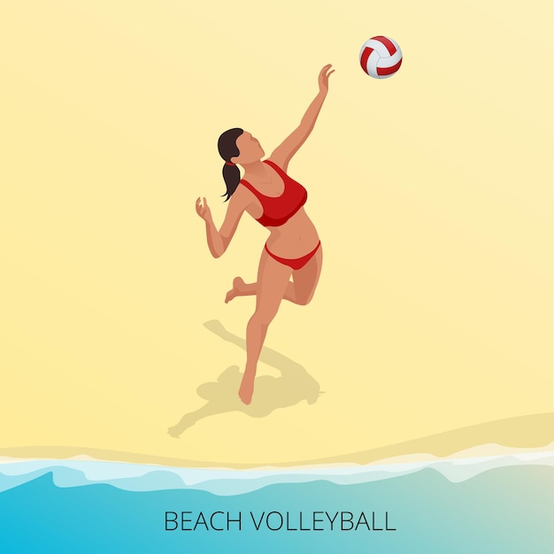 Isometric Volleyball player on a beach jumping hits the ball. Fitness or training concept. Sporting Championship International Beach Volley Match Competition