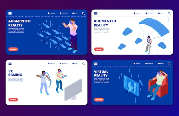 Isometric VR gaming, augmented reality vector landing pages templates