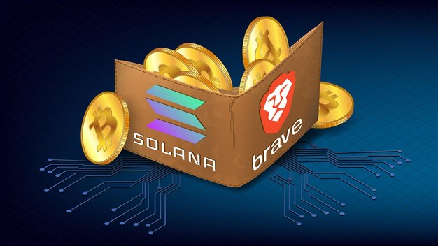 Isometric wallet full of Bitcoin BTC golden coins and logo Brave browser and Solana blockchain on blue Brave now Integrates with Solana to Expand Web3 Access Banner for news