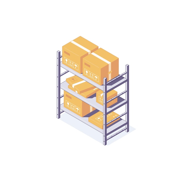 Isometric warehouse box equipment rack pallet and shelf illustration