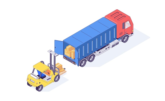 Isometric warehouse boxes forklift truck and loader illustration