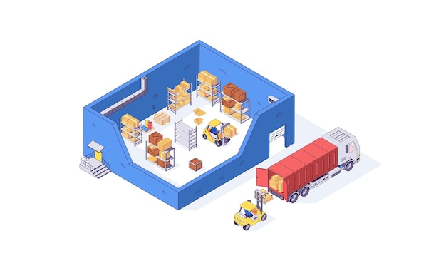 Isometric warehouse container package pallet forklift factory illustration