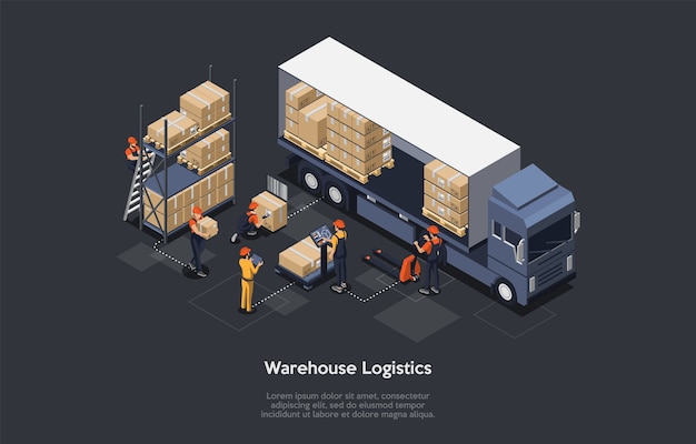 Isometric warehouse logistics concept. Modern interior of warehouse, loading and unloading process of delivery vehicles. Equipment for cargo delivery. Vector illustration.