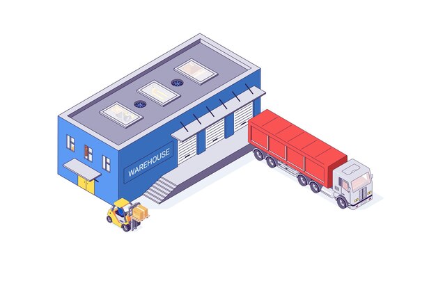 Vector isometric warehouse and storage forklift truck building illustration