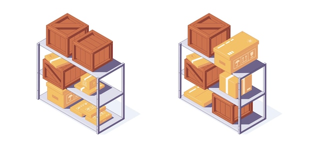 Isometric warehouse wooden and carton boxes pallets and shelf illustration