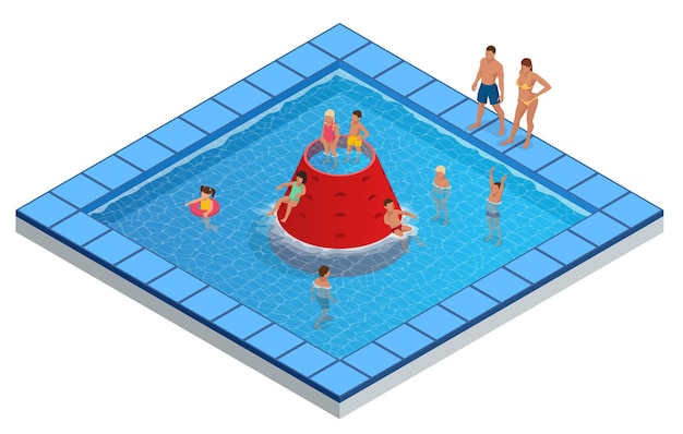 Isometric Water Park, Aquapark, Children s Slides vector illustration.