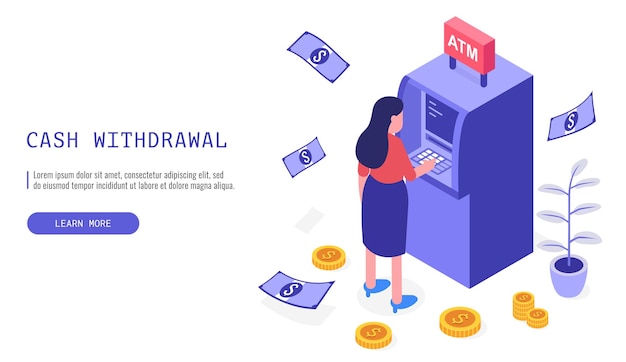 Vector isometric web banner featuring financial transactions a woman withdraws cash from an atm vector