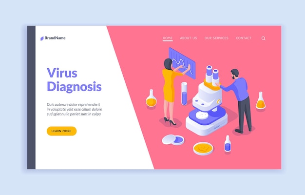 Isometric website template about virus diagnosis