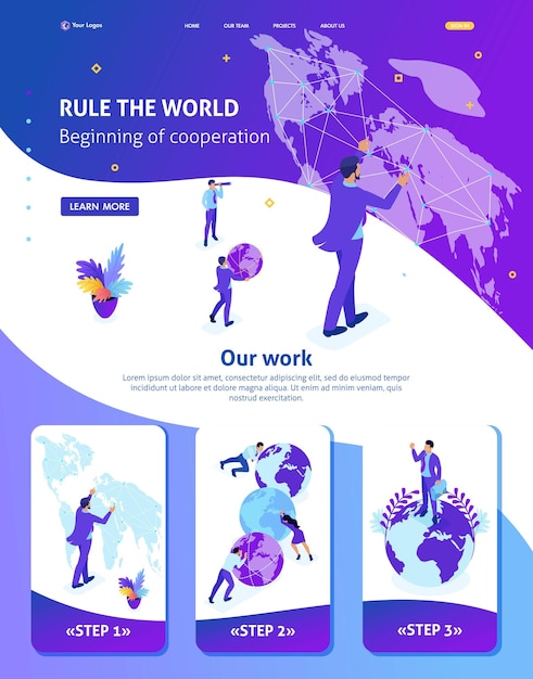 Vector isometric website template landing page big businessman running the world world map adaptive 3d