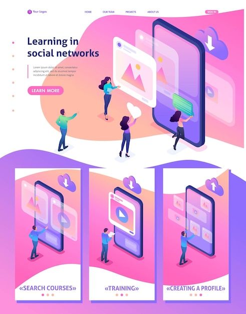 Isometric Website Template Landing page bright concept learning the correct profile design in social networks Adaptive 3D