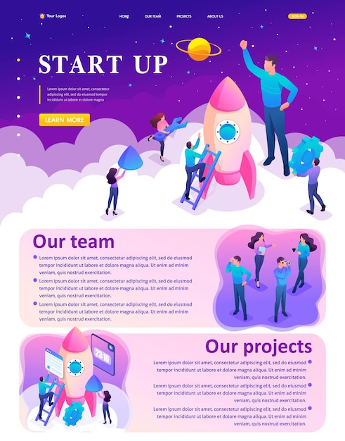 Isometric Website Template Landing page Bright concept start up a new business by young entrepreneurs