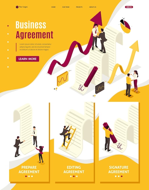 Isometric Website Template Landing page Business agreement partners growth revenue schedules