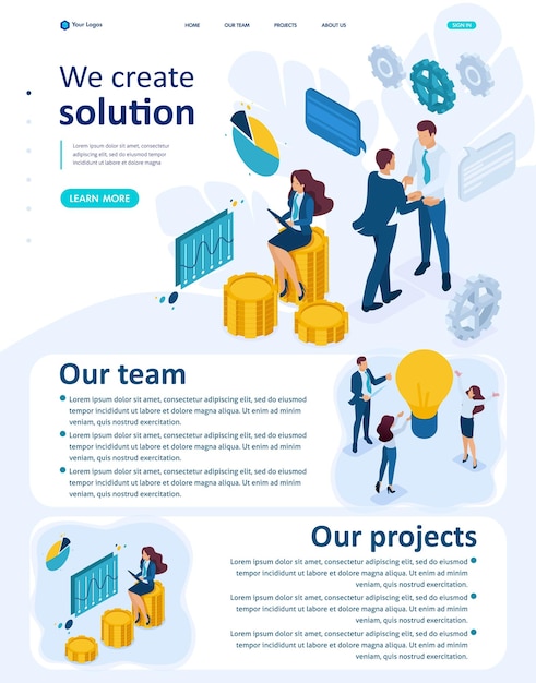 Isometric Website Template Landing page Business concept of teamwork to create a solution