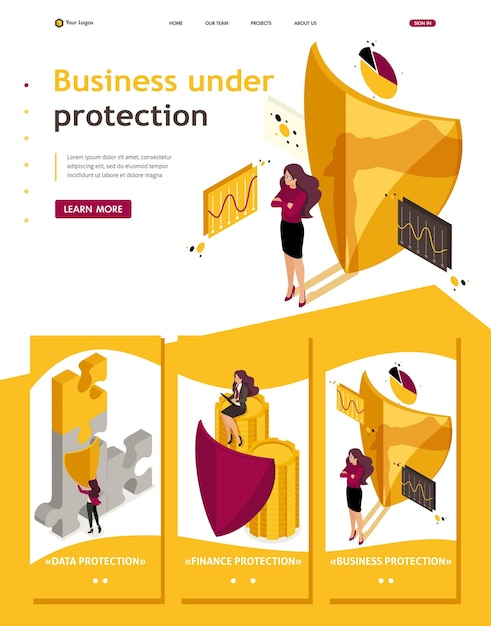 Isometric Website Template Landing page how to ensure full safety of your business lawyer girl