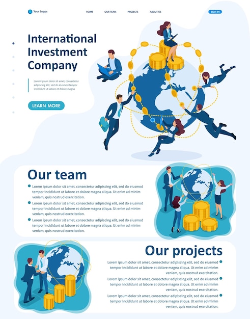 Isometric Website Template Landing page international investment company businessmen fly around the world