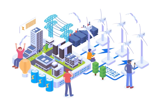 Isometric wind energy cities technology vector concept