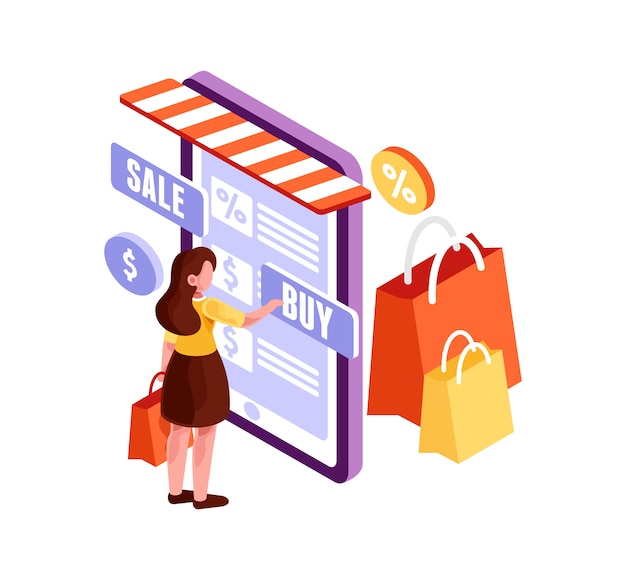 Isometric Woman making Online Shopping Illustration