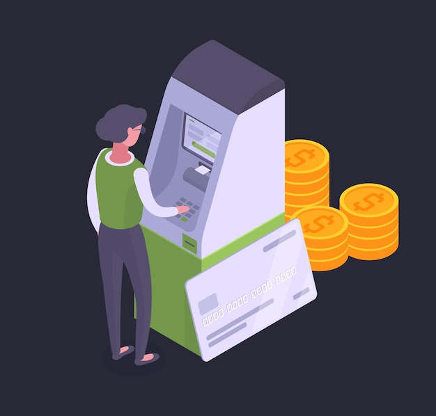 Isometric woman using ATM 3D vector illustration Banking payment or currency exchange scene