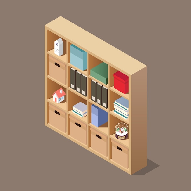 Isometric wooden shelves with books and objects decoration Vector illustration