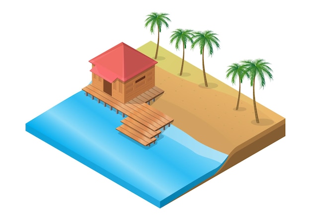 Isometric wooden tropical resort on beach with palm tree