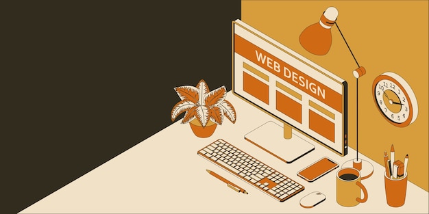 Isometric work place in web design studio with computer, smartphone, clock and lamp.