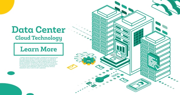 Isometric Working Data Center Full of Rack Servers and Supercomputers Vector Illustration Backup Mining Hosting Mainframe Farm and Computer Rack with Storage Information