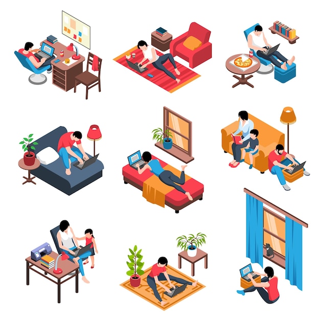 Isometric working home set with isolated compositions of room interior workspace elements and people with laptops vector illustration