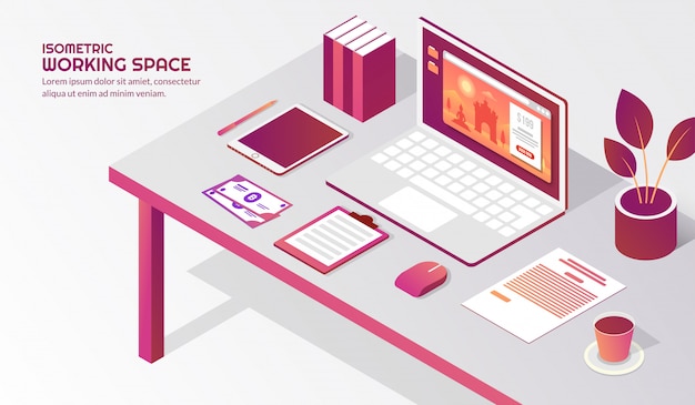 Isometric workspace with elements on the table